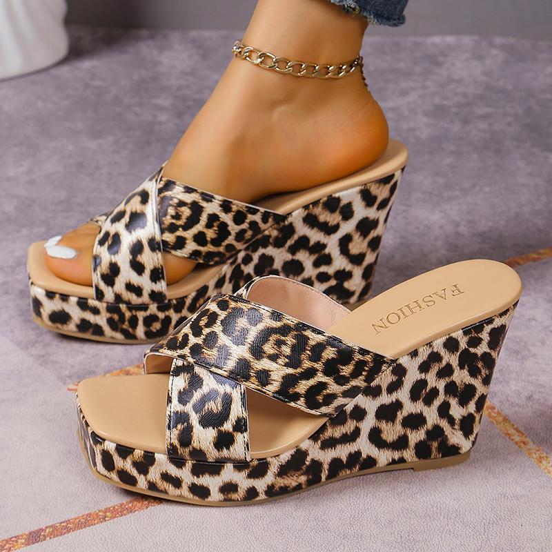 Lucyever Sexy Leopard Klínkové Vysoké Podpatky Sandály Dámské Letní Čtvercová Špička Platforma Pantofle Dámská Móda Silná Podrážka Nazouvací Boty