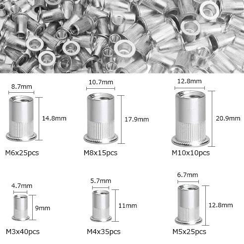 Pop-Nietmuttern-Set (für Nieten/Mutternanzieher) Stahl-Blindnietmuttern, 6 Größen, 150 Stück, metrisch