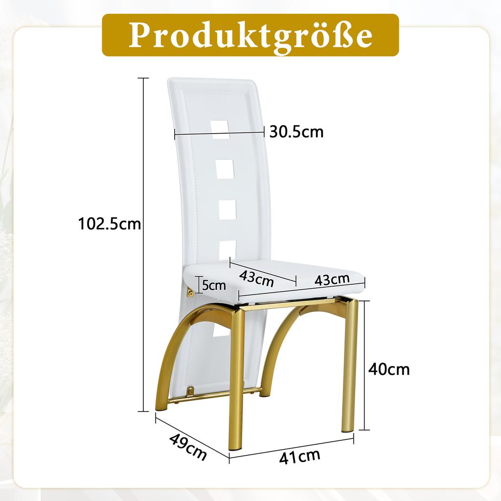 [Set mit 2 Stück] Europäische Design-Esszimmerstühle mit Lochmuster, Matweißes PU-Leder + Glänzende Gold-Metallbeine, 102,5 cm hoch, für Ess- oder Wohnzimmer.