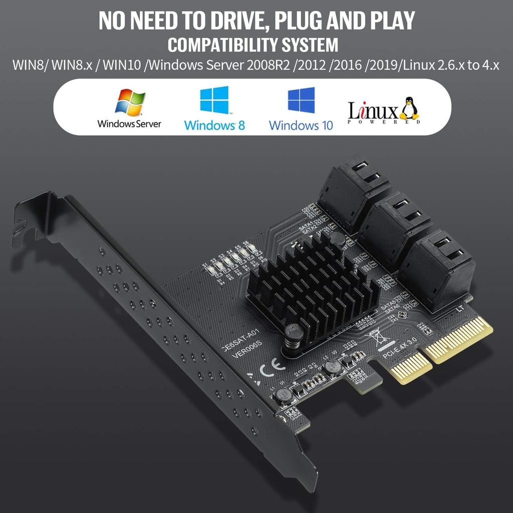 The YABOANG PCI-E X4 6-Port SATA 3.0 Expansion Card for Desktop PCs allows you to free up your system disk drive. The expansion card features a