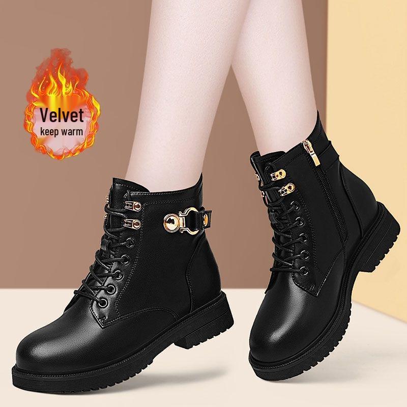 Жіночі черевики-мартінси з м'якої шкіри та бавовни - Новий 2025 корейський стиль, на плюші, захист від холоду, ідеальні для весни, осені та зими.