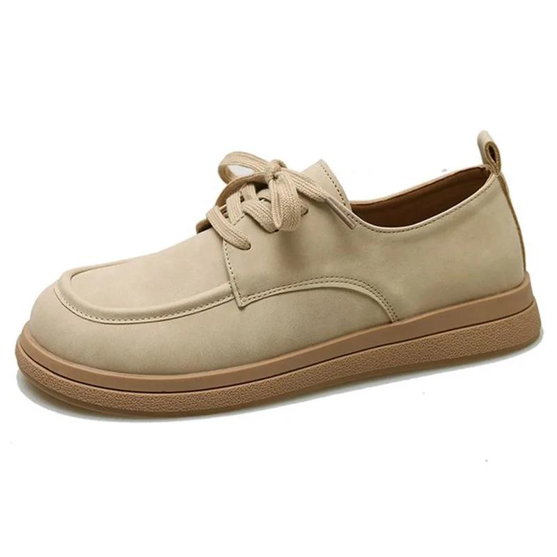 Autumn Women's Flats Shoes Soft Sole Lace-up Casual Shoes Retro Brown Loafers Spring Soft Microfiber Leather Platform Thin Shoes