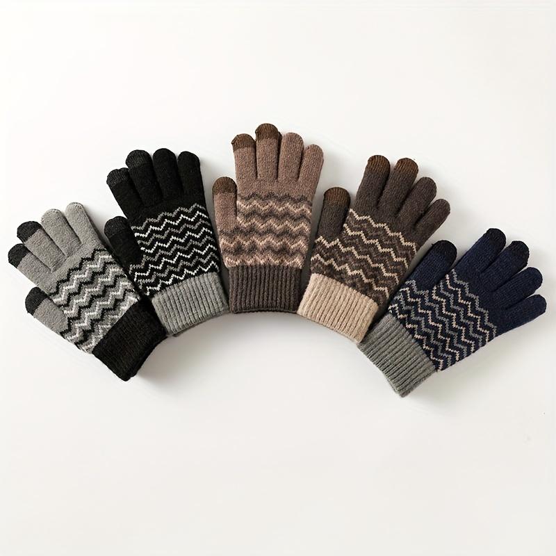 WTEMPO 1 Pair of New Fashionable Winter Men's Plush Warm Gloves Cold-proof Touch Screen Knitted Jacquard Full Finger Gloves