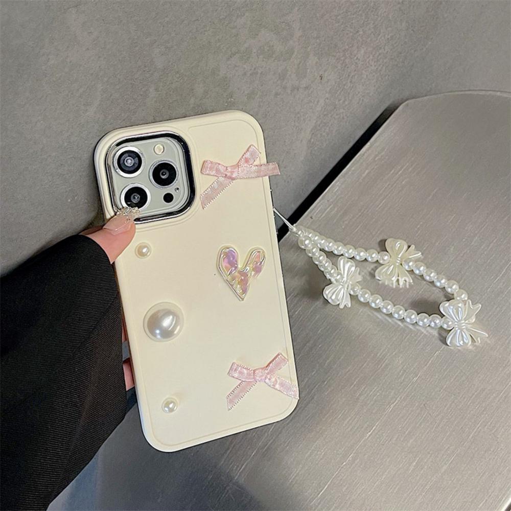 Cute Pearl Heart Bow Bracelet Chain Soild Color Case For Iphone 14 13 12 11 Pro Max X Xs Xr Plating Lens Protective Soft Cover