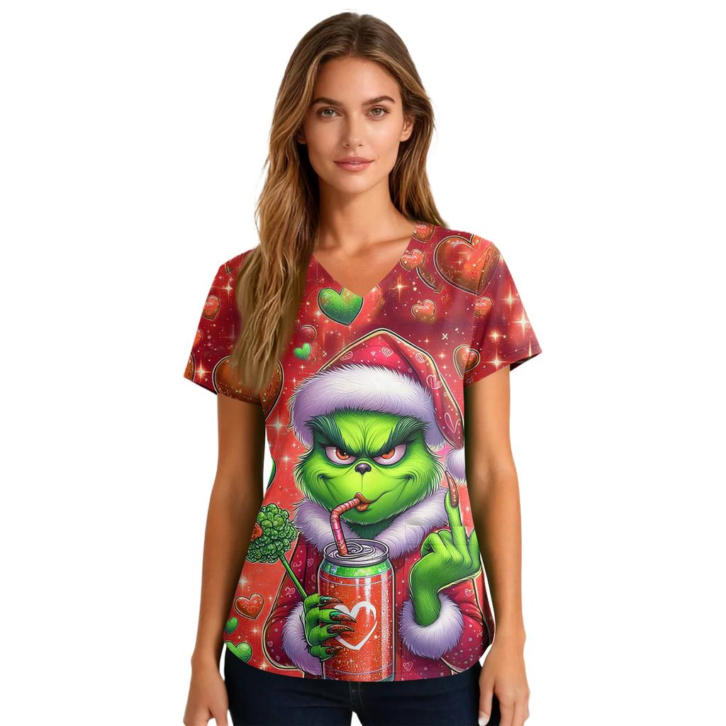 Women's Cute Printed Work Clothes V-neck Double Layer Pockets Basic Short Sleeve Top Pullover Valentines