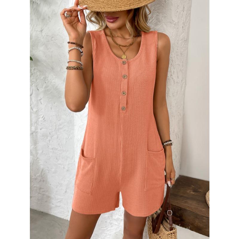 2025 Summer Sleeveless Buttons Casual Vest Jumpsuit Women Shorts O Neck Pockets Fashion Elegant Solid Color Office Simple Playsuits Women's Clothing
