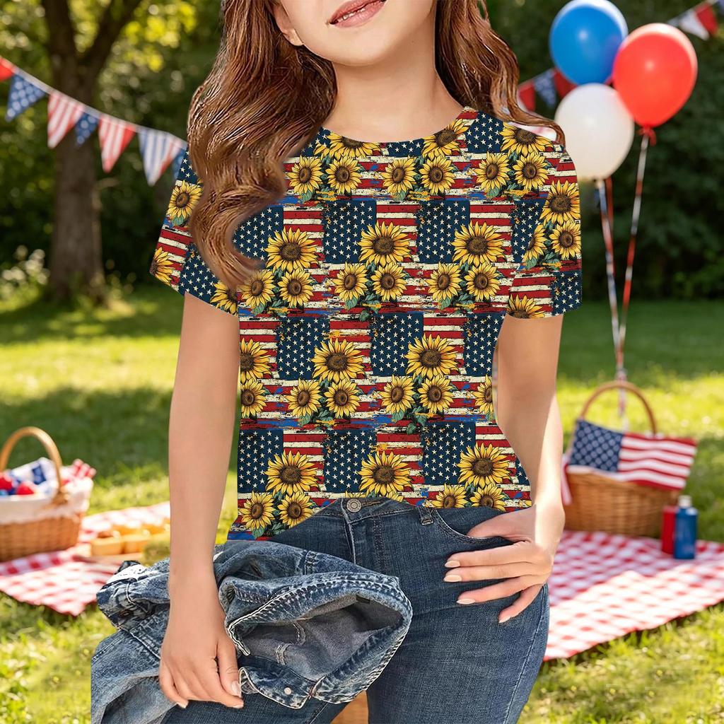 Girls Short Sleeve T Shirt Independence Day Printed Tee Top Casual Comfortable Fit Kids Summer Shirt
