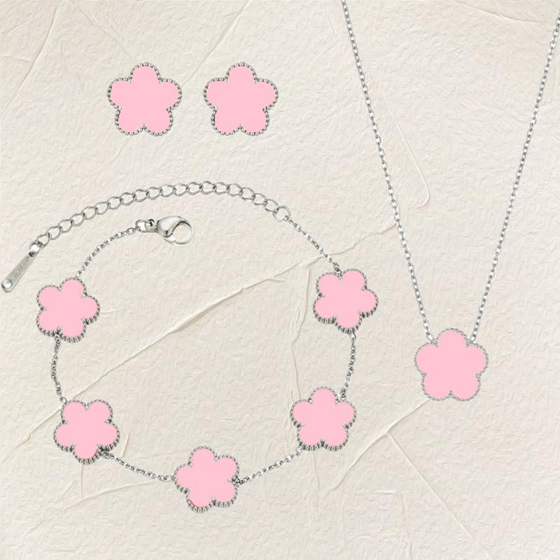 Luxury Zircon Set for Women copper Color Chain Stainless Steel Double Sided Five Leaf Flower Necklace Earrings Bracelet Clover