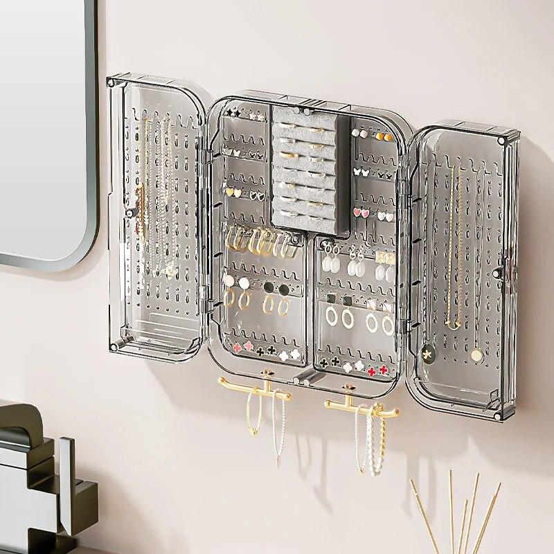 Terafeels Portagioie A 3 Strati Con Specchio E Serratura - Organizer In Pelle PU Grigia Per Anelli, Orecchini, Collane, 18,6x13,6x11,5 Cm - 2