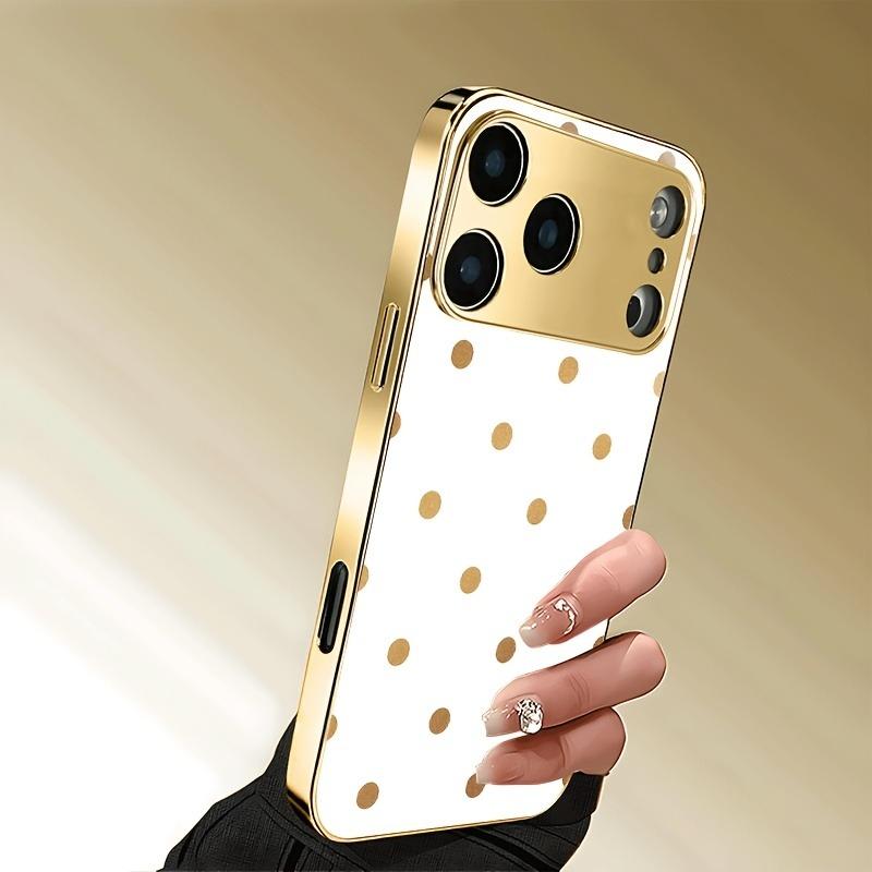 Golden Polka Dot Pattern Metallic Tempered Glass Phone Case For iPhone 11 12 13 14 15 16 17 18 Pro Max 14 Plus 17 Air 16E Cover