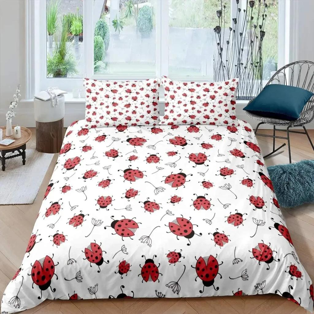 Ladybug Duvet Cover Set 3D Ladybug Printed Bedding Set For Kids Boys Girls Flying Entomology Soft King Size Quilt Cover