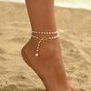 2Pcs Layered Bow Pearl Anklets for Women Gold Dainty Tassel Hypoallergenic Summer Beach Vacation Jewelry Gift