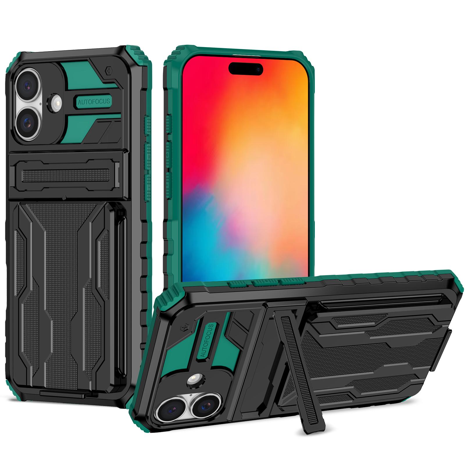 

For iPhone 16 Case with Card Holder PC + TPU Phone Back Cover Kickstand E