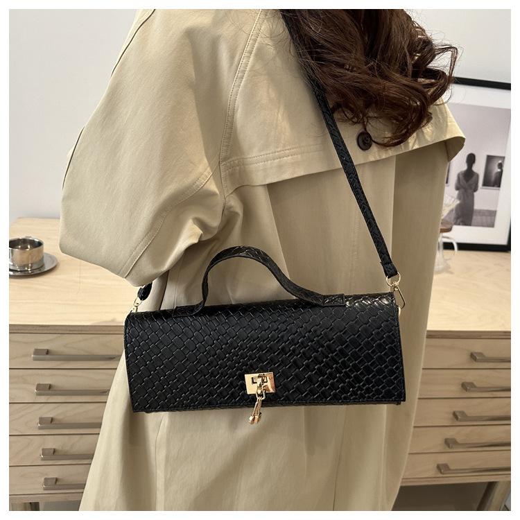 Textured Woven Square Bag Fashion Shoulder Handbag Casual Crossbody Purse Simple Solid Color Faux Leather Tote KTB