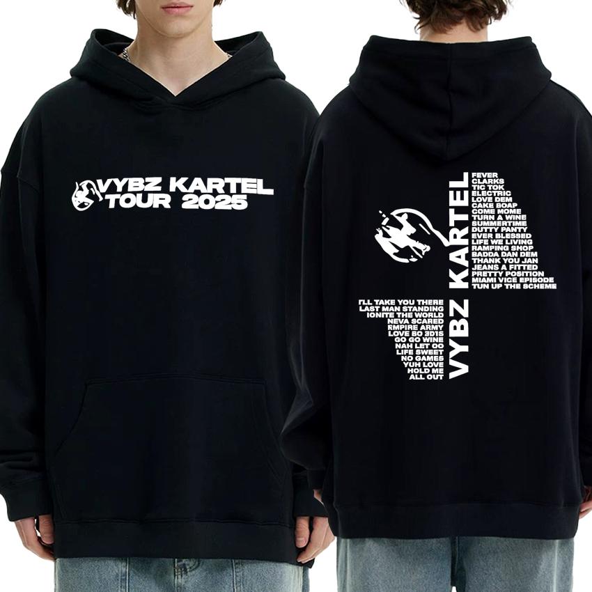 Hot Rapper Vybz Kartel World Tour 2025 Double Sided Print Streetwear Hoodie Unisex Hip Hop Punk Pullovers Men Women Fleece Tops