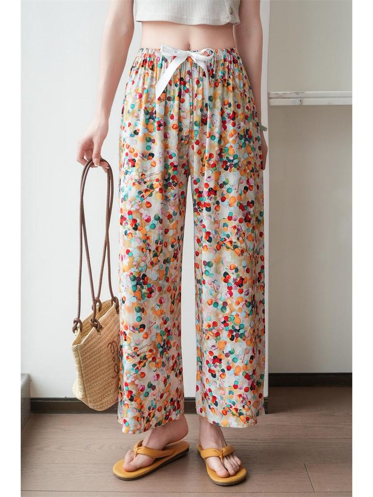 Dámské letní kalhoty květinové bavlny a viskózy nadměrné velikosti - Tenké, ležérní, dlouhé na spaní a plážové oblečení