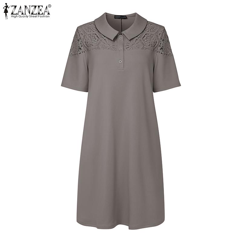 

ZANZEA Женское миди-платье прямого кроя с короткими рукавами, кружевной вязкой крючком, лоскутным узором, отложным воротником 5XL серый