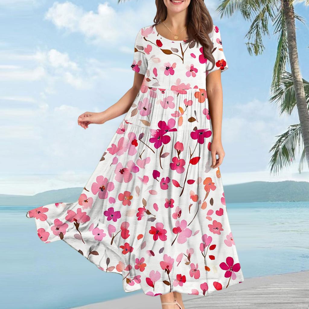 Damen Lässiges Lockeres Böhmisches Kleid mit Blumenmuster und Kurzen Ärmeln