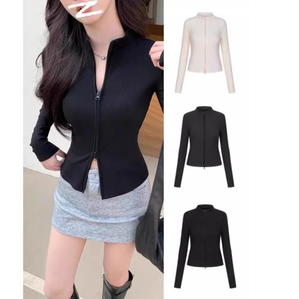 2025 Women's Elegant Stand Collar Double Zipper Slimming Cardigan Jacket