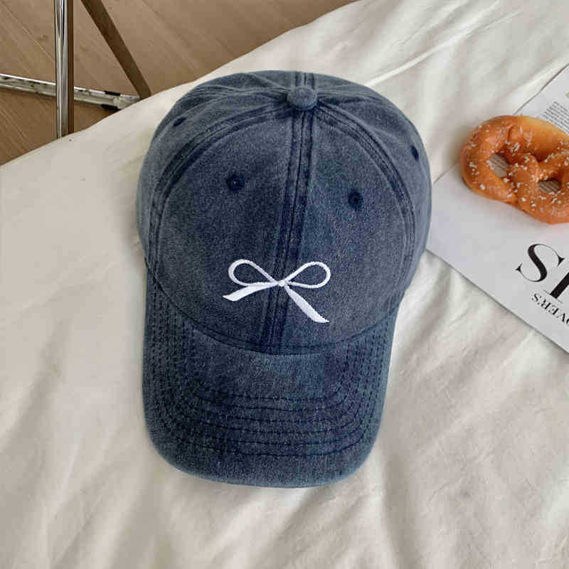 Korean-style vintage washed distressed bow baseball cap for women, new summer hat, gray American-style duckbill cap