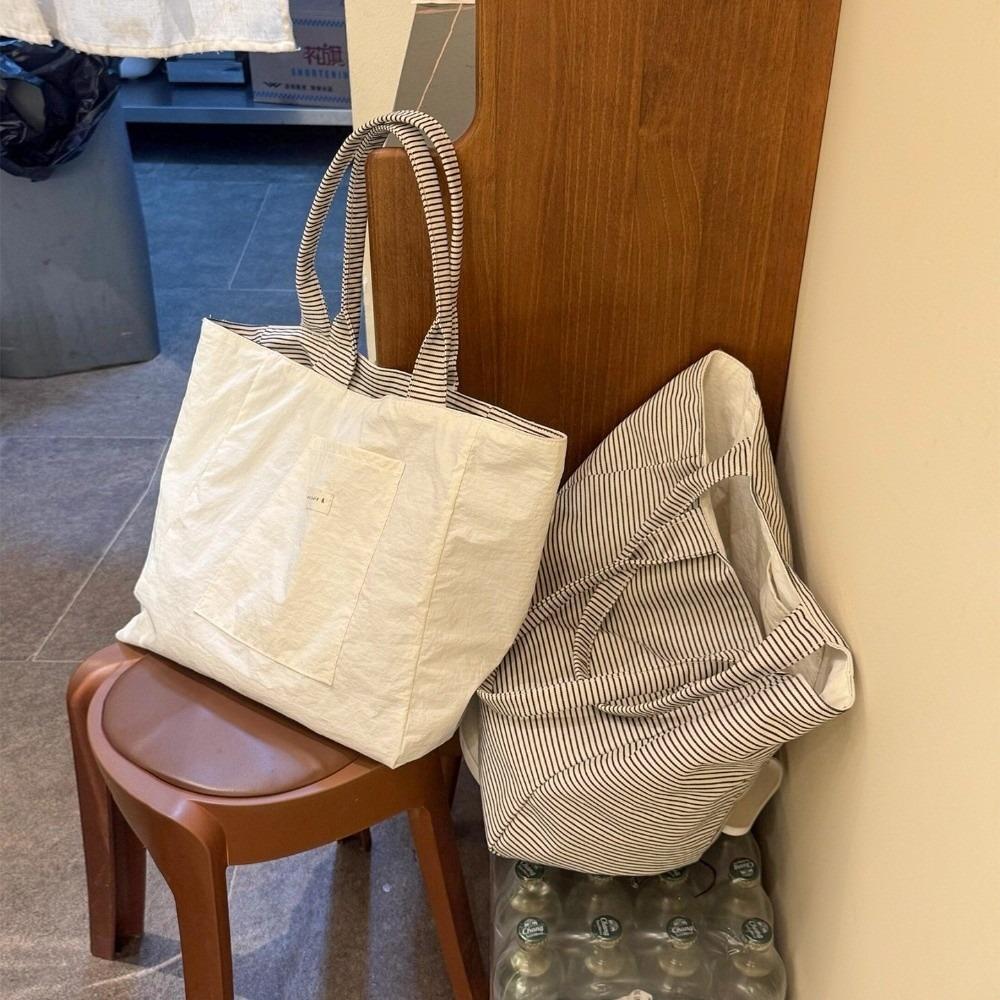 Large Capacity Canvas Shoulder Bag Striped Shopping Handbag Versatile Double-Sided Tote Bag  Travel