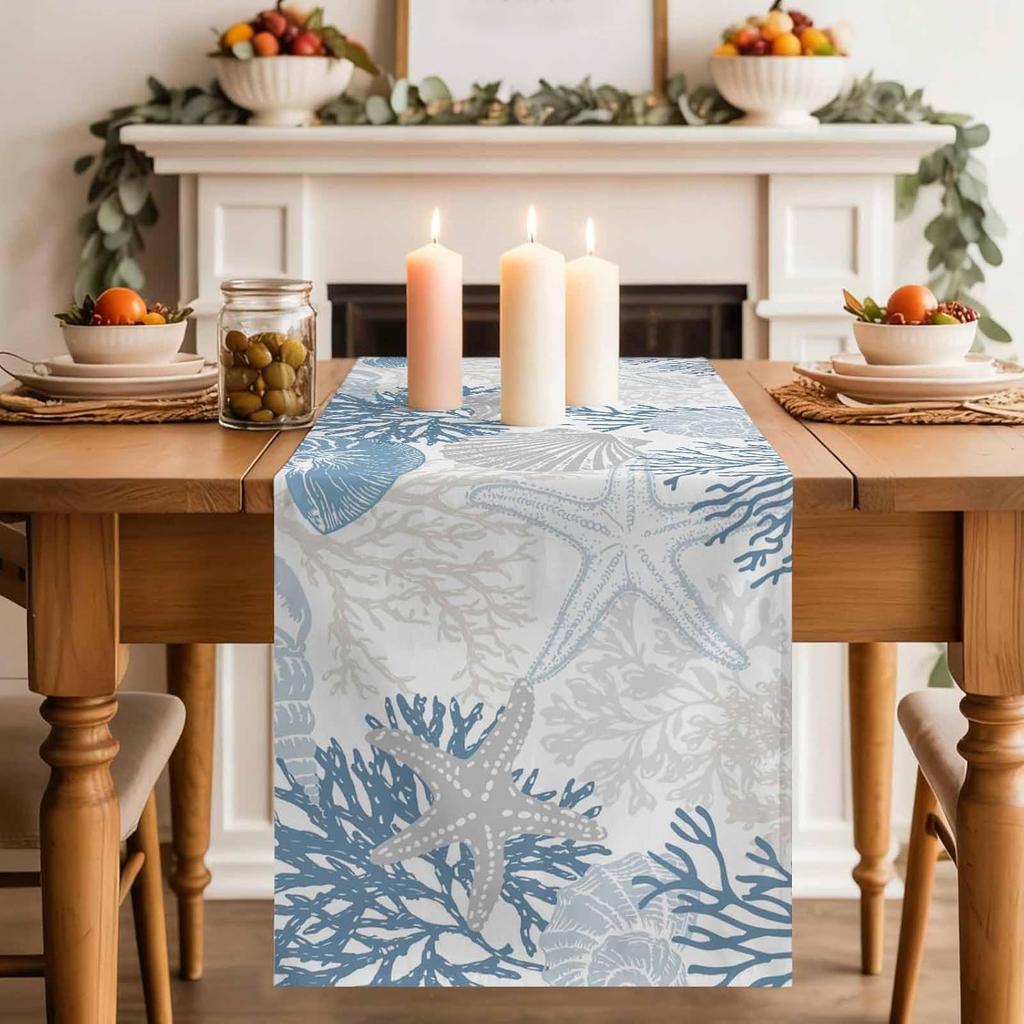 Summer Ocean Starfish Print Linen Table Runner Home Decor Watercolor Marine Life Corals Kitchen Dining Table Runners Party Decor