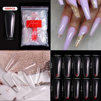 Lot de 500 faux ongles en forme de C, semi-adhésifs, forme de cercueil, ballerine, 10 tailles, pour vernis UV, gel autocollant, outils pour ongles