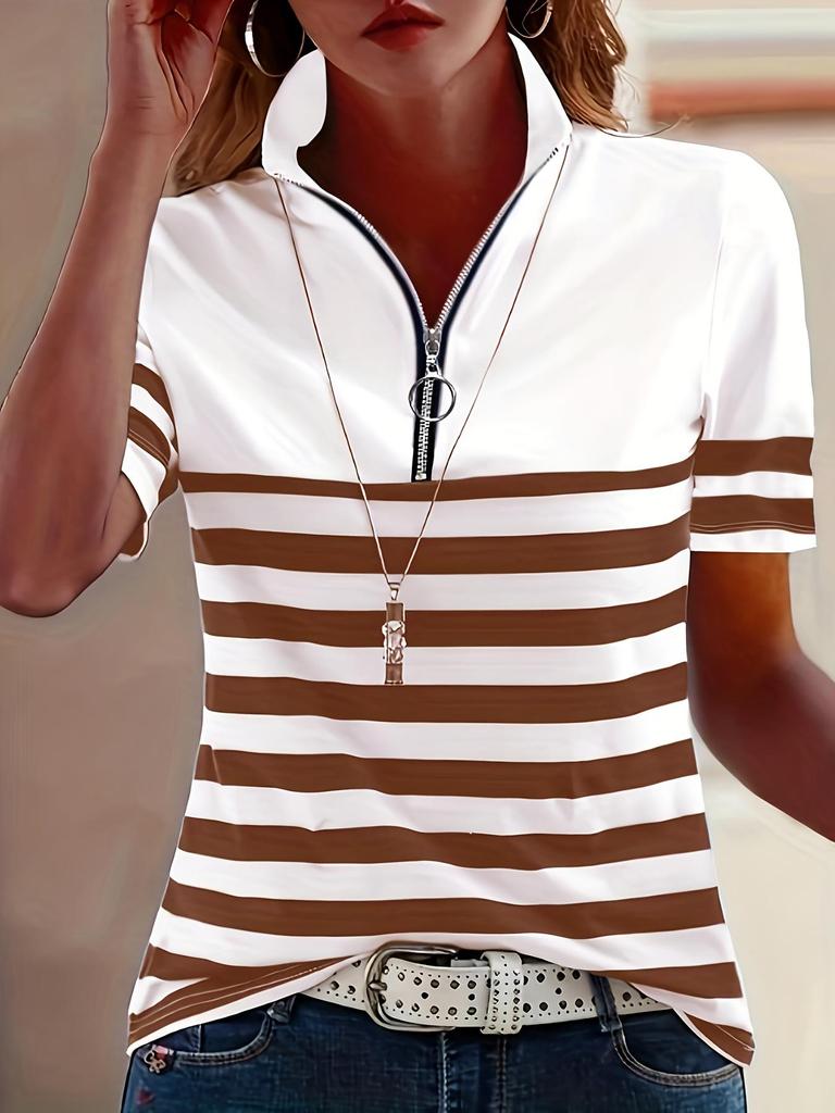 European and American Striped Polo Collar Short Sleeve Women's Autumn T-shirt - Versatile and Fashionable.