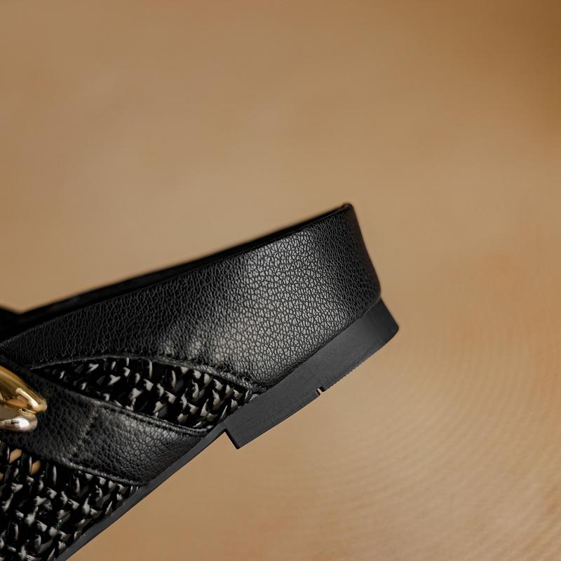 Fashion Women's New Genuine Leather Cowhide Middle Heel Woven Round Head Metal Belt Buckle Breathable Hole Baotou Mueller Slippers
