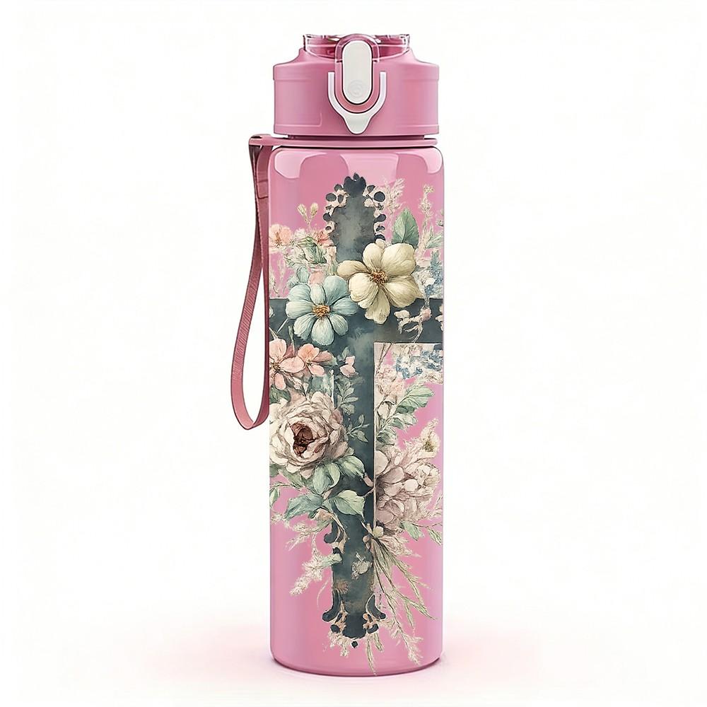 1PC Floral Cross Religious Faith Art Print 750ml Color Plastic Sports Water Bottle Leakproof Flip Straw Lid Suitable for Sports Office Home Use