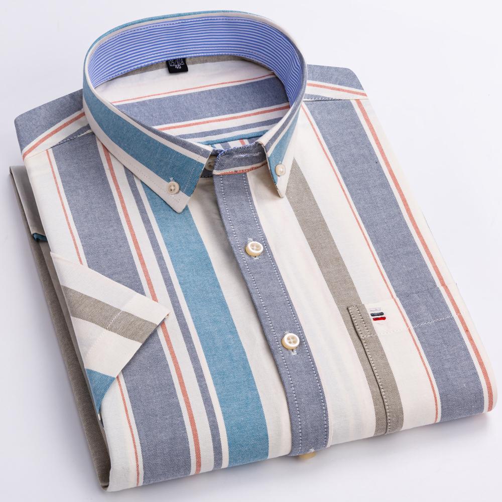 Camicia Casual da Uomo a Maniche Corte con Bottoni e Righe, Leggera, Colletto Oxford, Formale con Taschino