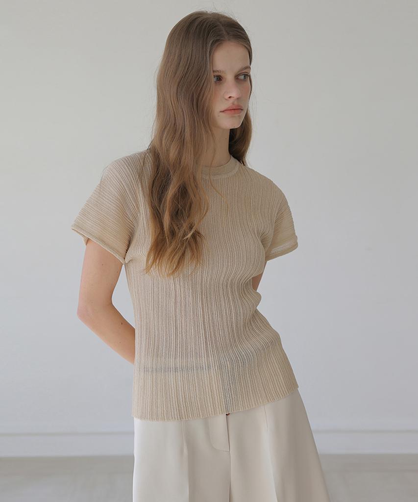 Beleunepeu Wholegarment Round Neck Pleated Knit (2 Colors)
