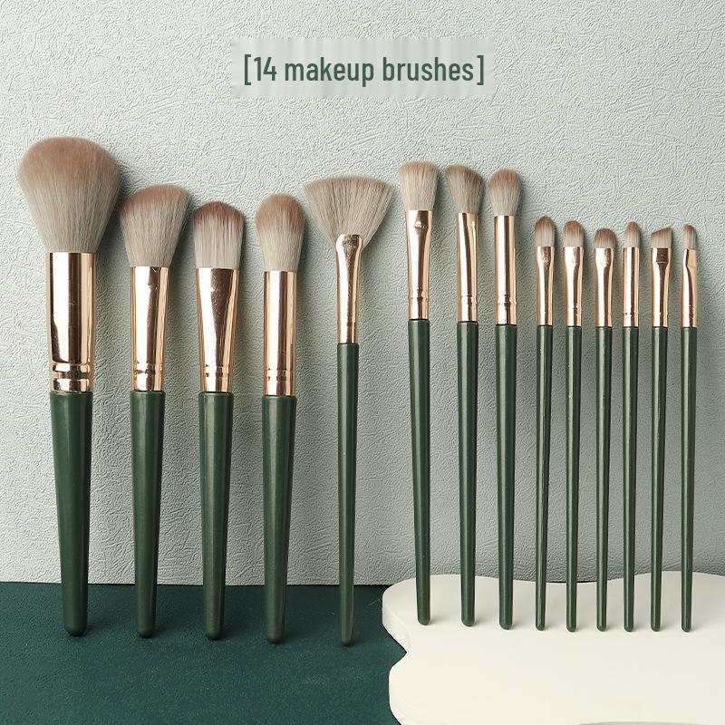14-Piece Soft Bristle Makeup Brush Set - Green Cloud: Includes Powder, Blush, and Foundation Brushes for Beginners.