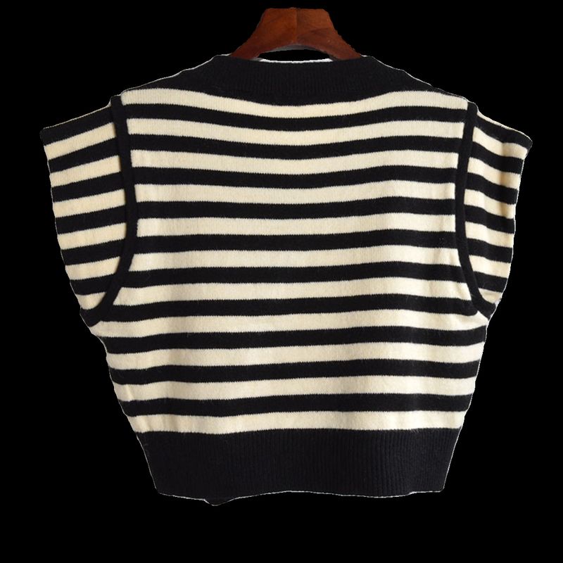 Fall New Arrival Contrast Color Stripes V Neck Oblique Open Double-Headed Zipper Vest Sweater Women's Clothing Fashion Versatile Top