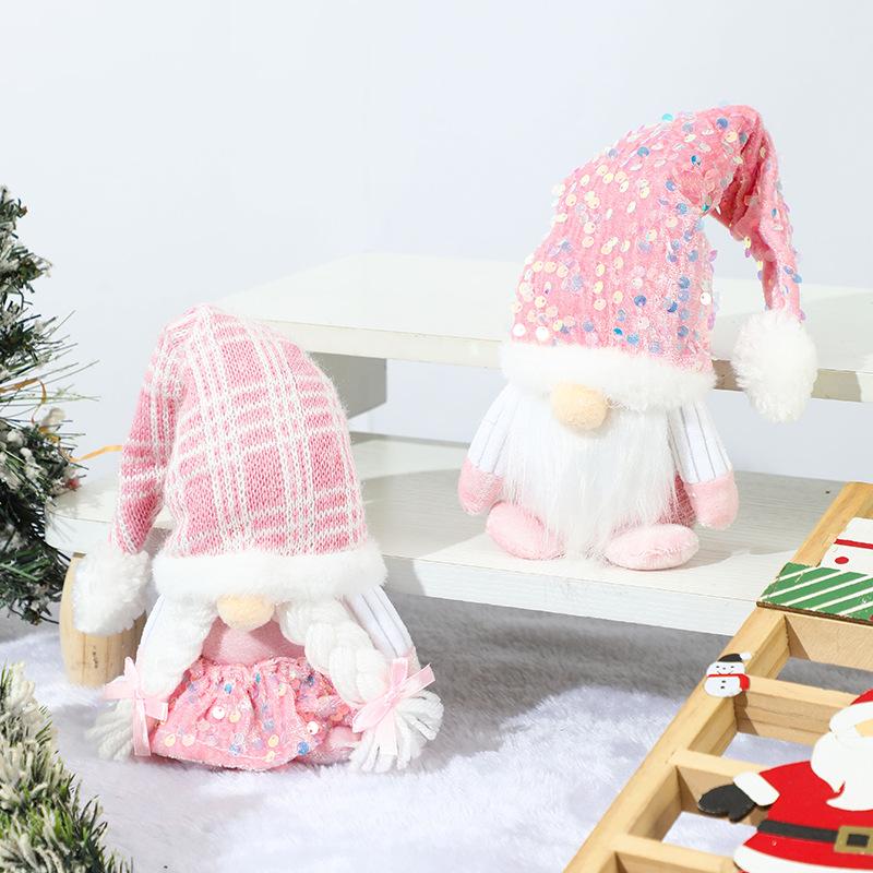 Christmas Gnome Plush Decorations,Elf Dwarf Gnomes Doll Pink Sequin Hat Design For Home Christmas Table Decorations