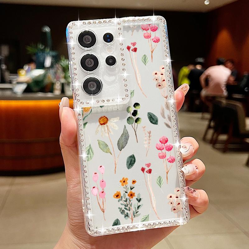 Floral Print Diamond Frame Phone Case For Samsung S25 Edge S24 FE S23 Ultra S22 A56 A36 A16 A15 A55 A35 Clear Shockproof Soft Silicone Cover