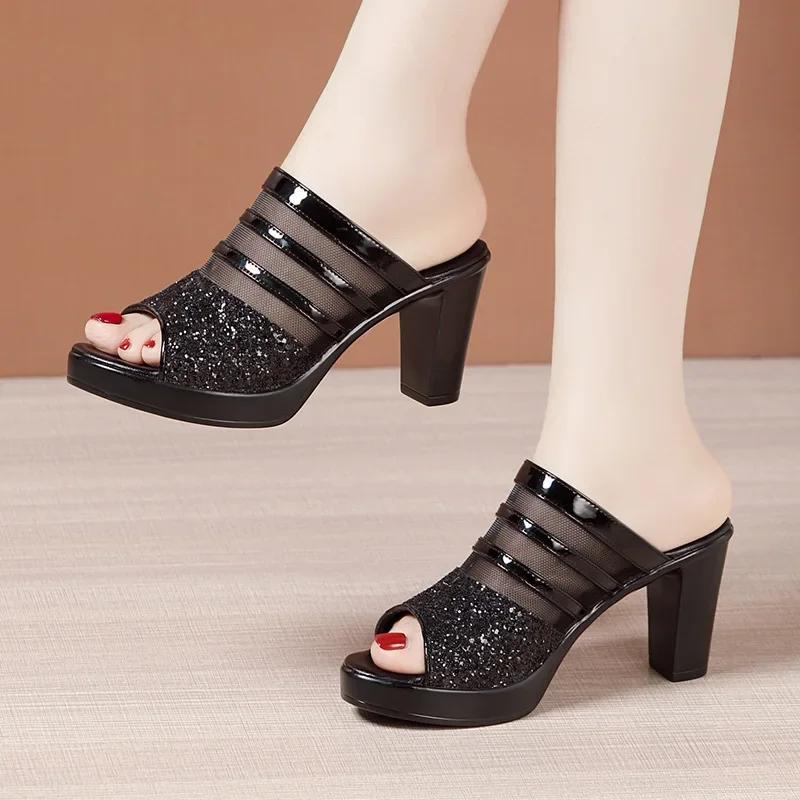 

8cm Small Size 32-43 Summer Elegant Bling Mesh Leather Slippers Platform Slides 2025 Women s Block High Heels Shoes Office Party 32