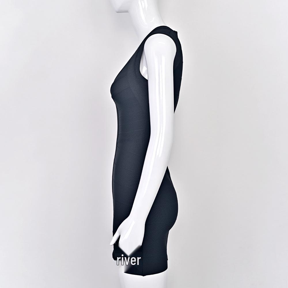 European & American Star Low-Cut Sexy Black Bandage Evening Dress - French Retro Hip-Hugging Women's Gown
