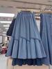 Women's Autumn High-Waist Midi Denim Skirt with Ruffle Patchwork