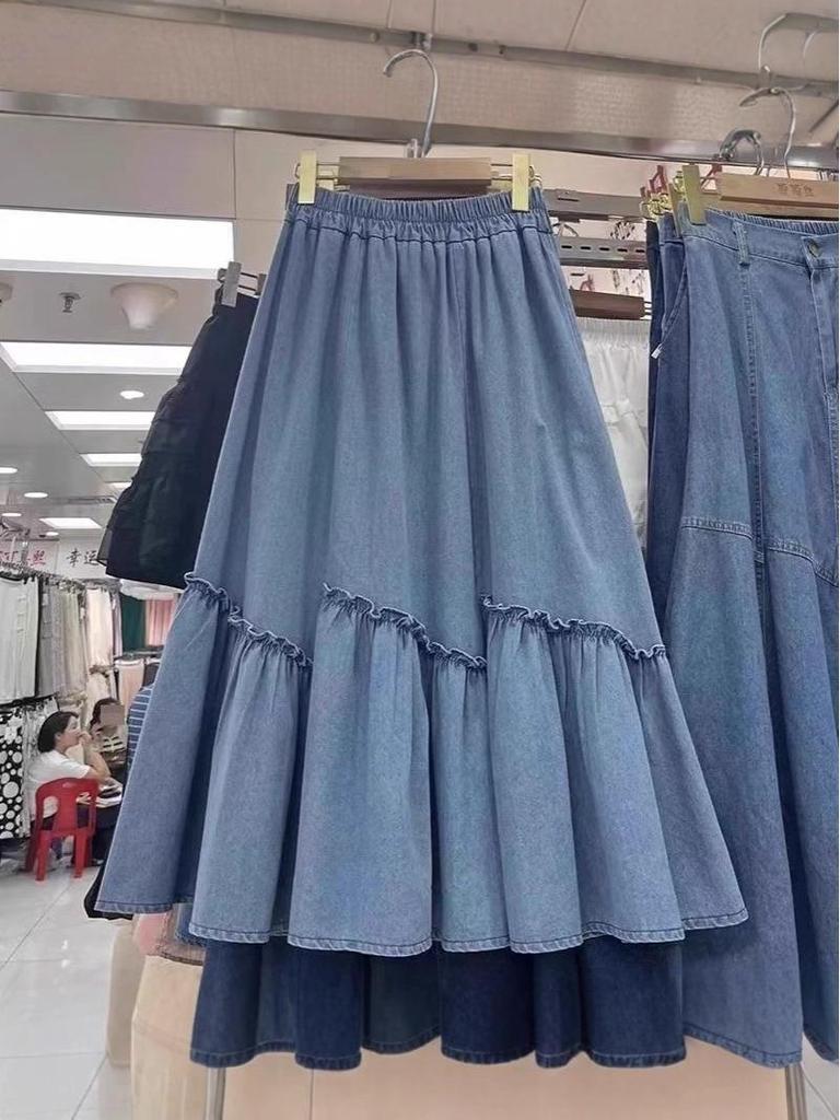 Women's Autumn High-Waist Midi Denim Skirt with Ruffle Patchwork