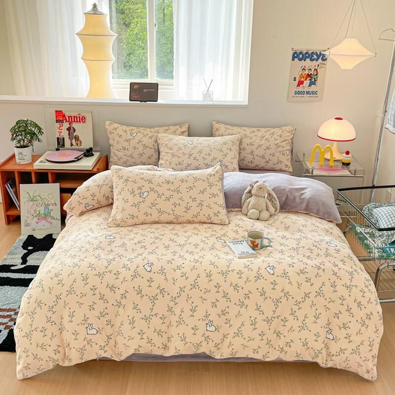 Brangdy Branch Rabbit Plush Milk Fleece & Coral Flannel Duvet Cover Set