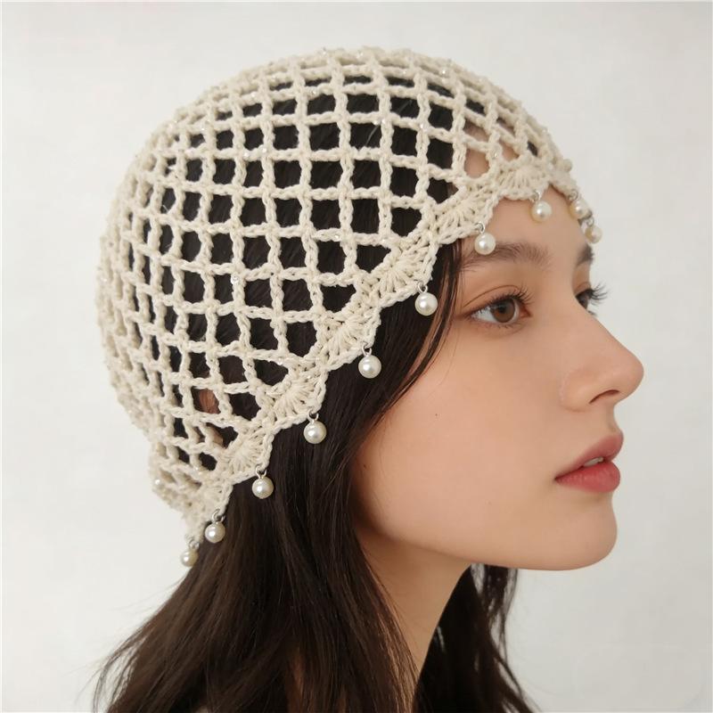Portable Pearl Fringed Hollowed Out Woven Beanies Retro Pullover Hat for Travel Winter Essentials