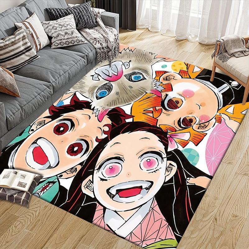 Demon Slayer Flannel Pattern Square Carpet,Area Rug,Carpet Rug for Living Room Bedroom Sofa Playroom Decor,Non-slip Floor Mat