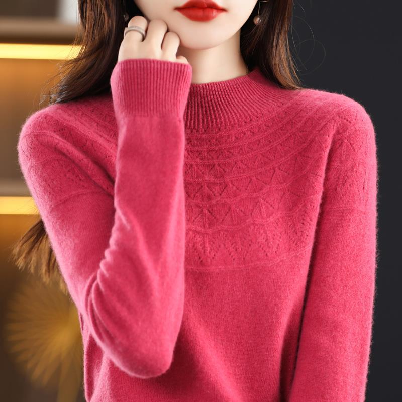 Women's Slimming 100% Wool Half-High Neck Sweater, Seamless Cashmere Knit Base Layer, Autumn Winter Loose Top with Hollow-Out Design
