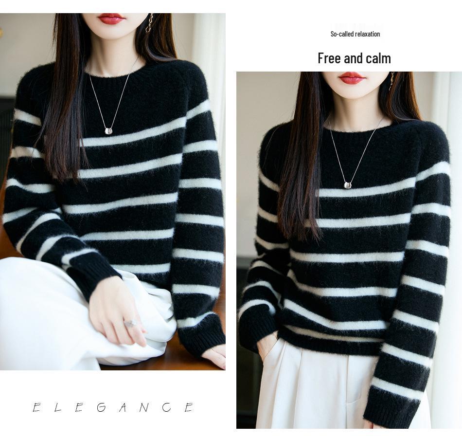 Women's Stylish Striped Loose-Fit Round Neck Wool Sweater - Soft Inner Layer for Fall & Winter