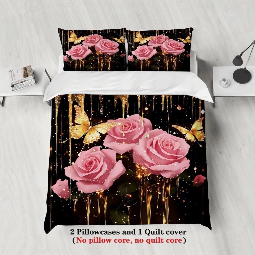 Rose And Butterfly Printed Bedding Set Black With Pink Roses And Gold Butterflies Bedding Duvet Cover Pillowcases For Bedroom