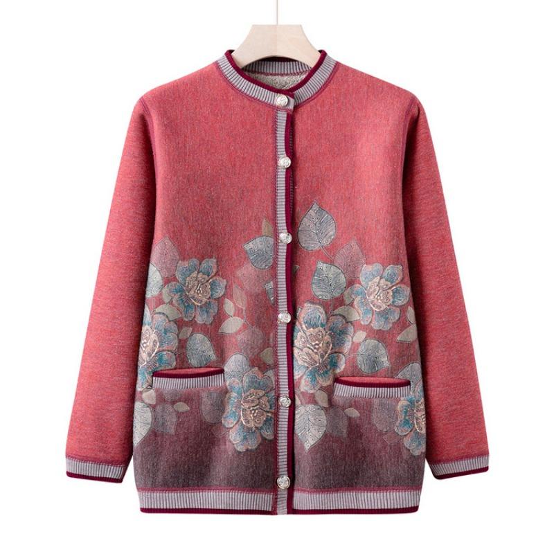 Grandma Winter Velvet Knitted Sweater Medium and Old Cardigan Sweater Female Old Lady Autumn New Clothes Mother Coat
