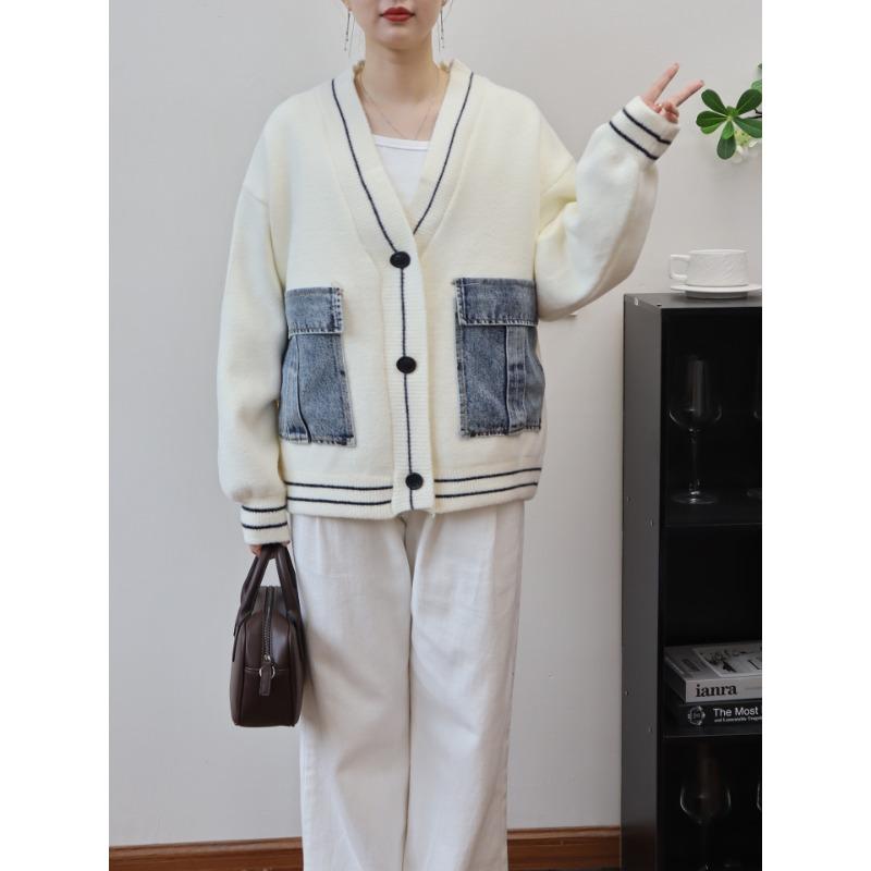 

Осень и зима новый свободный джинсовый кардиган с накладными карманами, вязаный двусторонний кардиган, повседневный свитер-куртка женский one size fits all