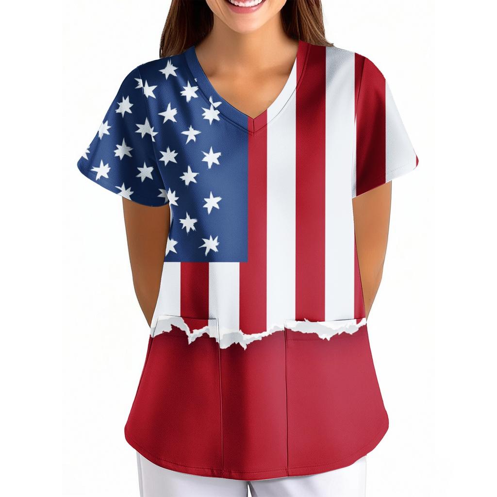 Damen Unabhängigkeitstag Aufdruck Locker V-Ausschnitt Tasche Kurzarm Pflegekraft/Uniform