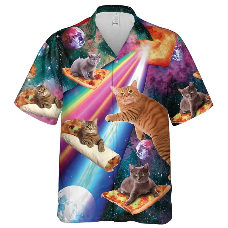 Camisas de Hombre con Estampado 3D de Gato Divertido Animal Ropa Hawaiana de Moda Camisa Manga Corta Blusas Casuales Abotonadura Sencilla Tops de Hombre con Gatos